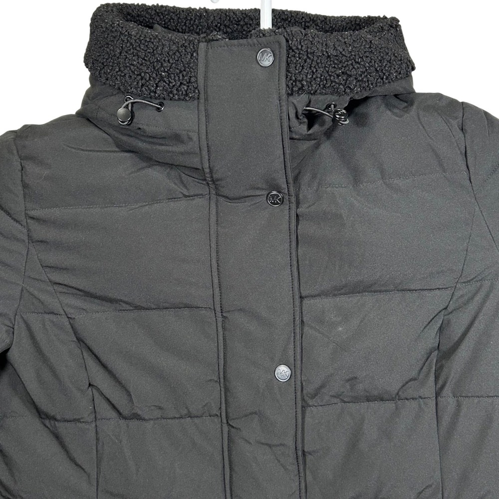 Michael Kors Womens Black Quilted Puffer Parka Jacket Faux Shearling Hood L